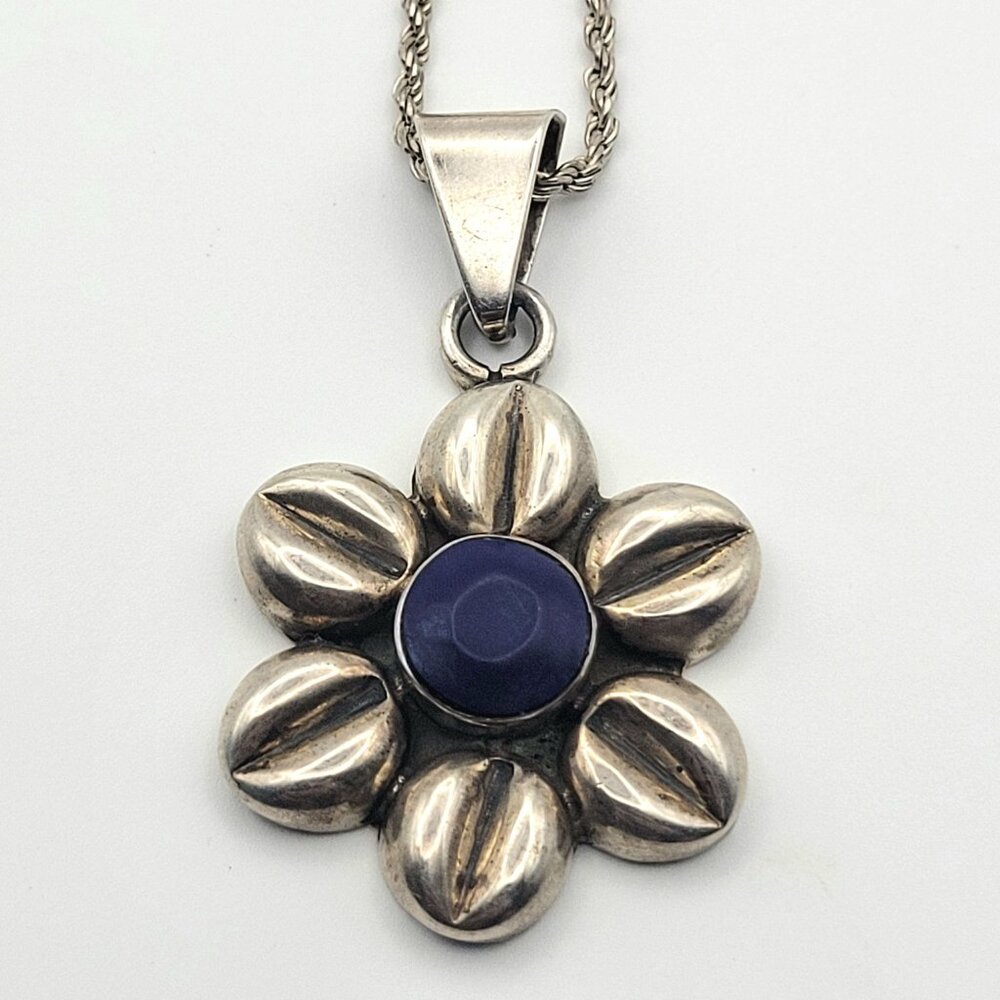 Vintage Taxco Flower Pendant Sterling Silver Lapis Lazuli Signed 925 CRC TR 83